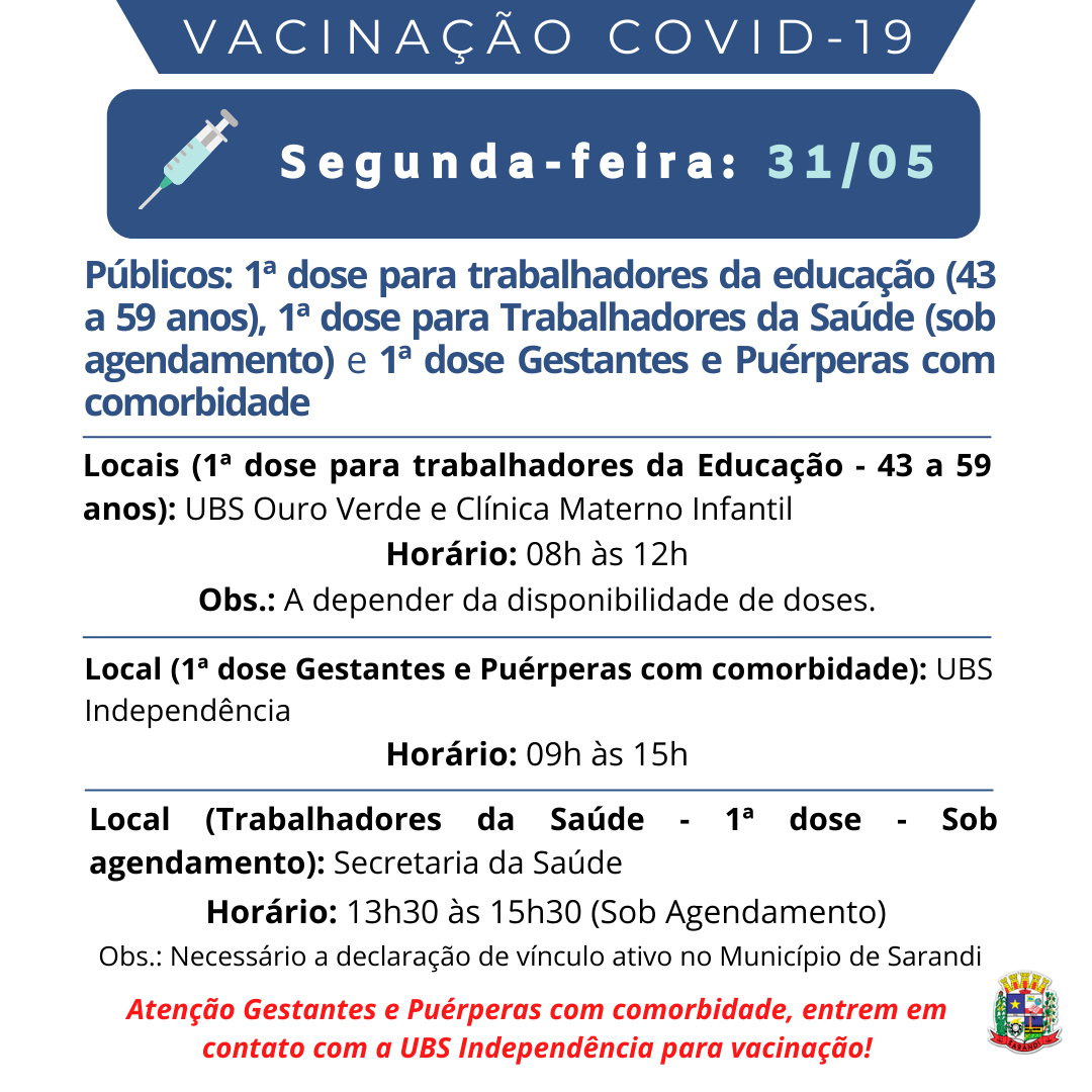 Cronograma de Vacinação contra Covid-19 - Segunda-feira - 31/05/2021